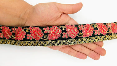 Black Trim with Floral Embroidery Salmon Pink Embroidered Leaves Trim, Decorative Trim, Indian Border